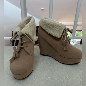 Faux shearling wedges Japan kawaii winter autumn heels size 23 US 6 Jirai boots